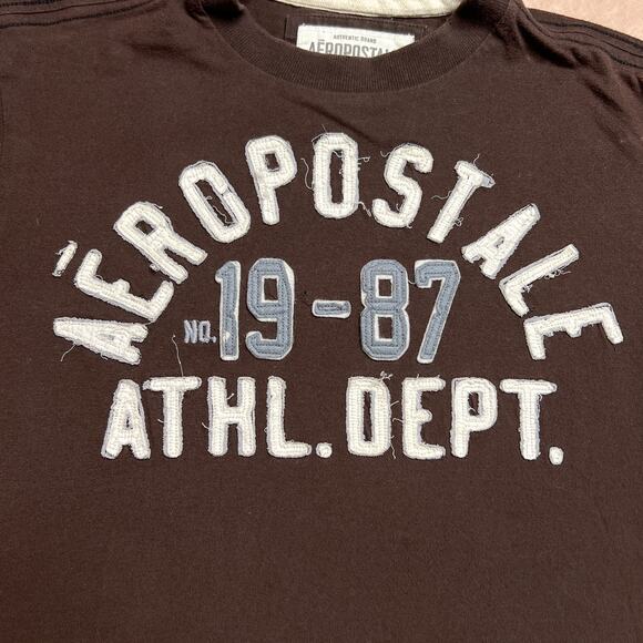 Aeropostale Athl. Dept. Brown Embroidered Stitched Short Sleeve T-Shirt Surfer - Picture 2 of 6